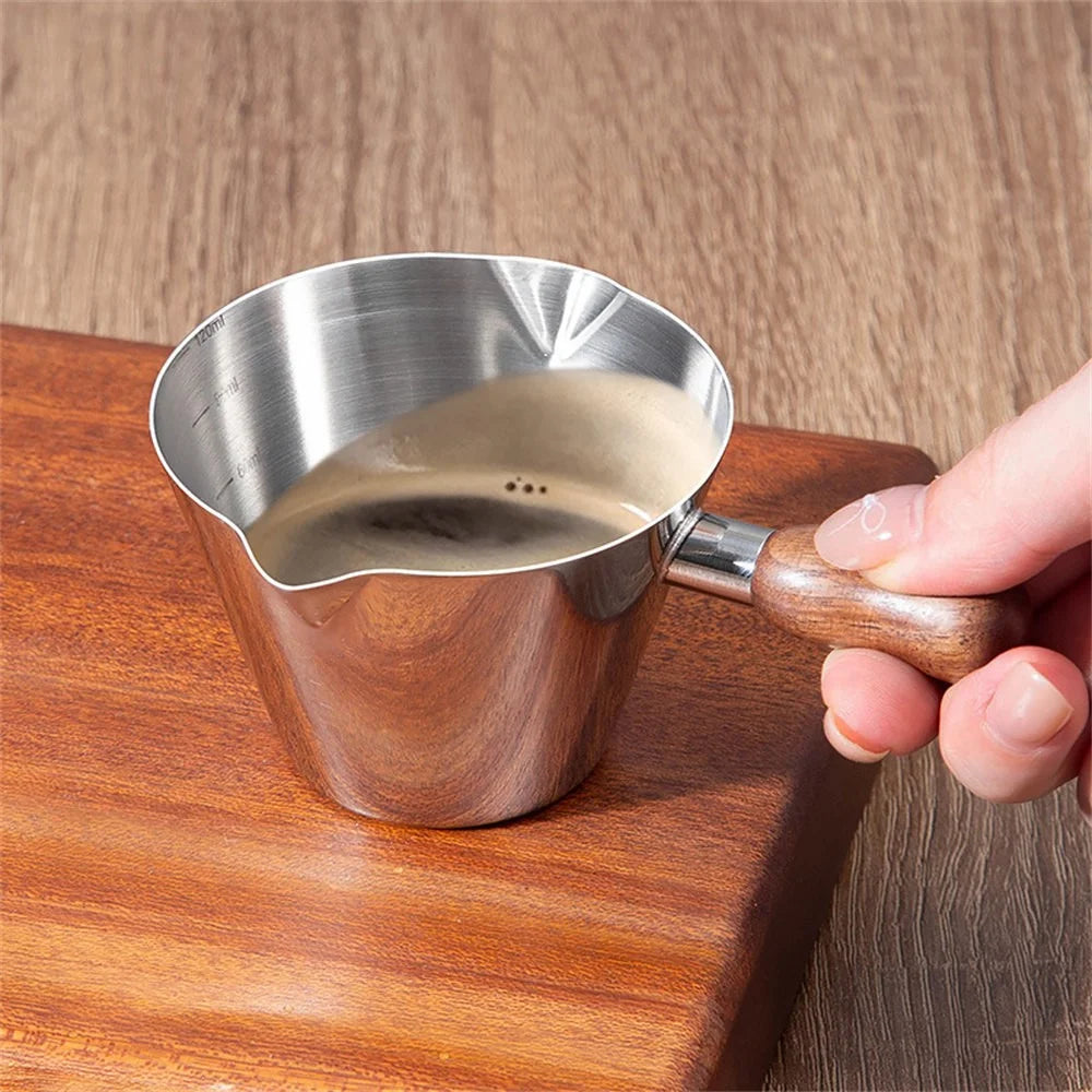 Walnut Handle Espresso Shot Glass 120ML Stainless Steel Measuring Cup With Spout And Scale For Barista - Beige - 7