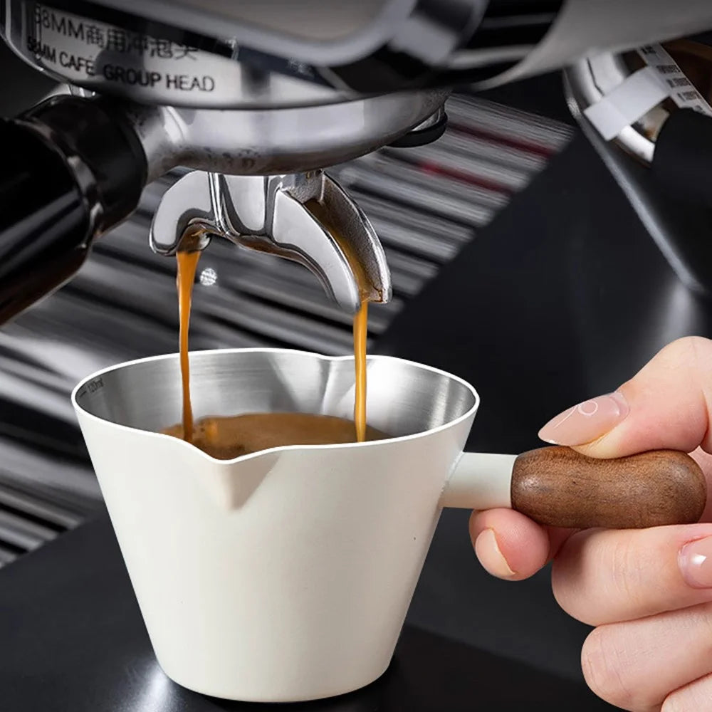 Walnut Handle Espresso Shot Glass 200ML Stainless Steel Measuring Cup With Spout And Scale For Barista - Black - 3