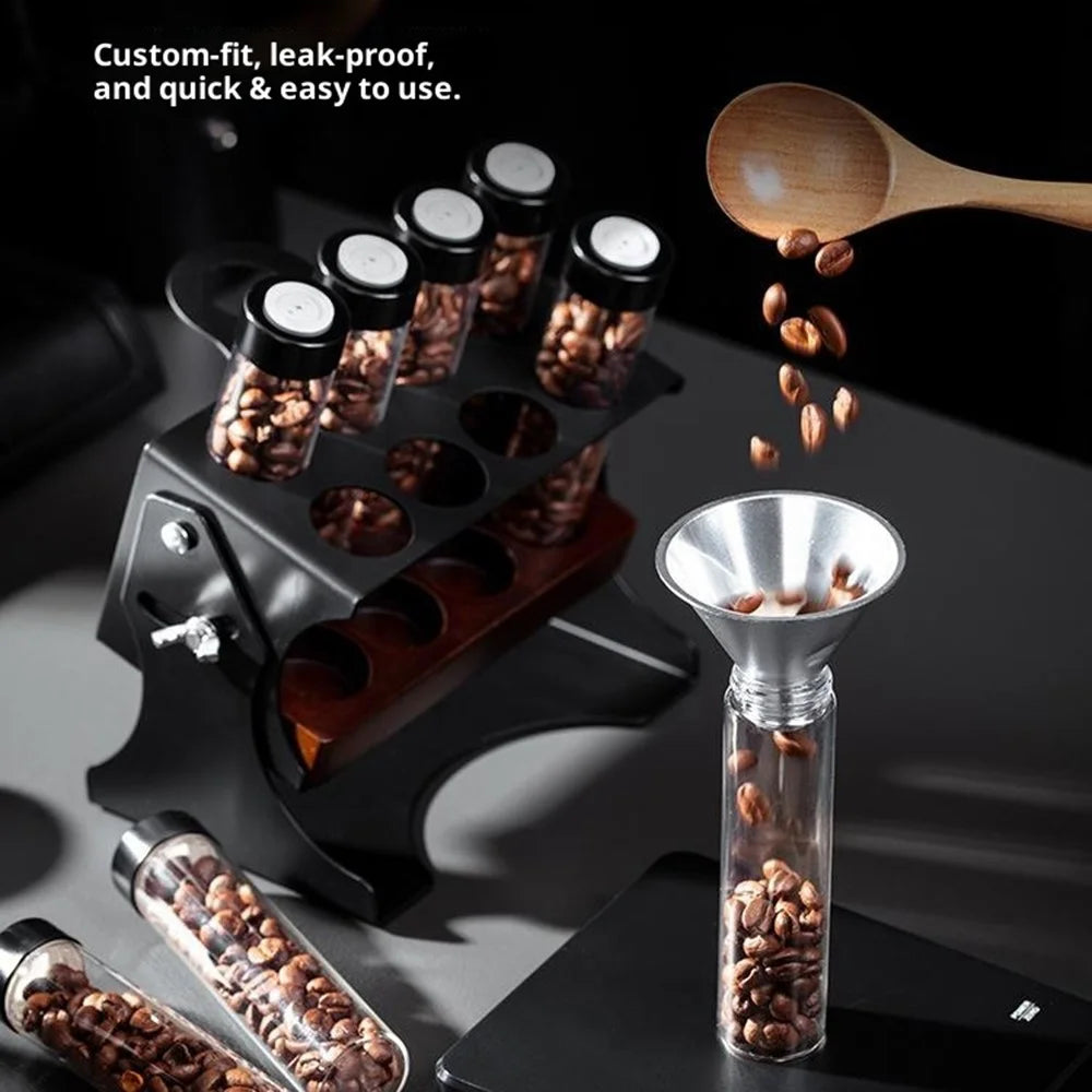 Coffee Bean Storage Set Adjustable Display Rack with 8 Glass Bottles / Funnel - Black - 4
