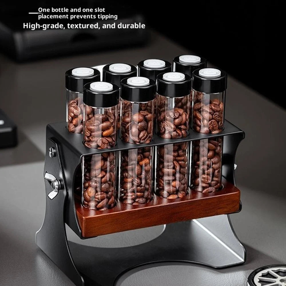 Coffee Bean Storage Set Adjustable Display Rack with 8 Glass Bottles / Funnel - Black - 5