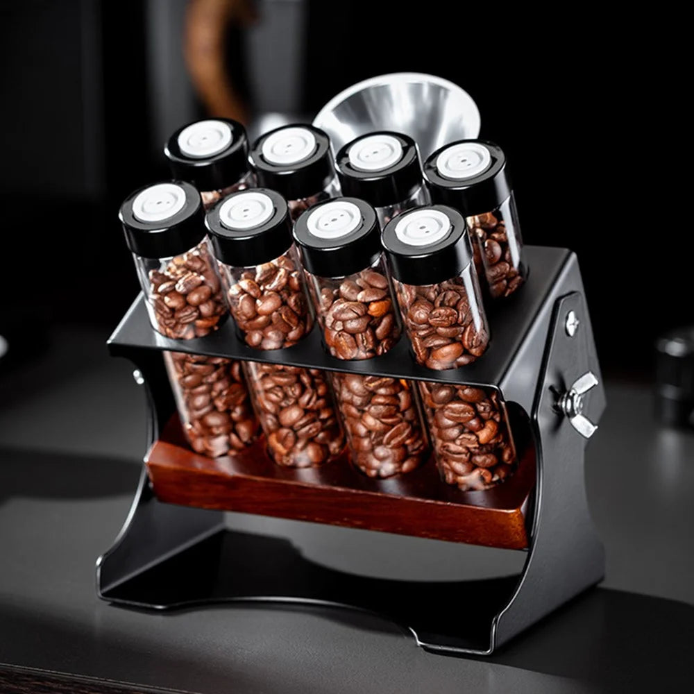 Coffee Bean Storage Set Adjustable Display Rack with 8 Glass Bottles / Funnel - Black - 6