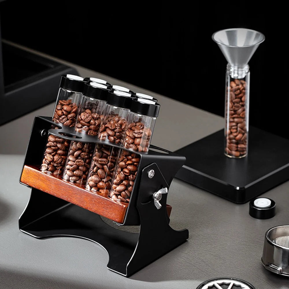 Coffee Bean Storage Set Adjustable Display Rack with 8 Glass Bottles / Funnel - Black - 7