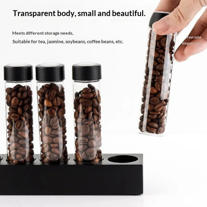 6 Holes Wooden Base Coffee Bean Display Rack with 6 Glass Bottles Storage Containers - Black - 3