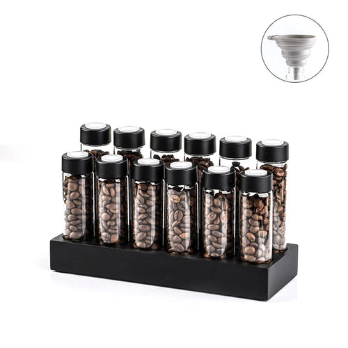 12 Holes Wooden Base Coffee Bean Display Rack with 12 Glass Bottles Storage Containers - Black - 1