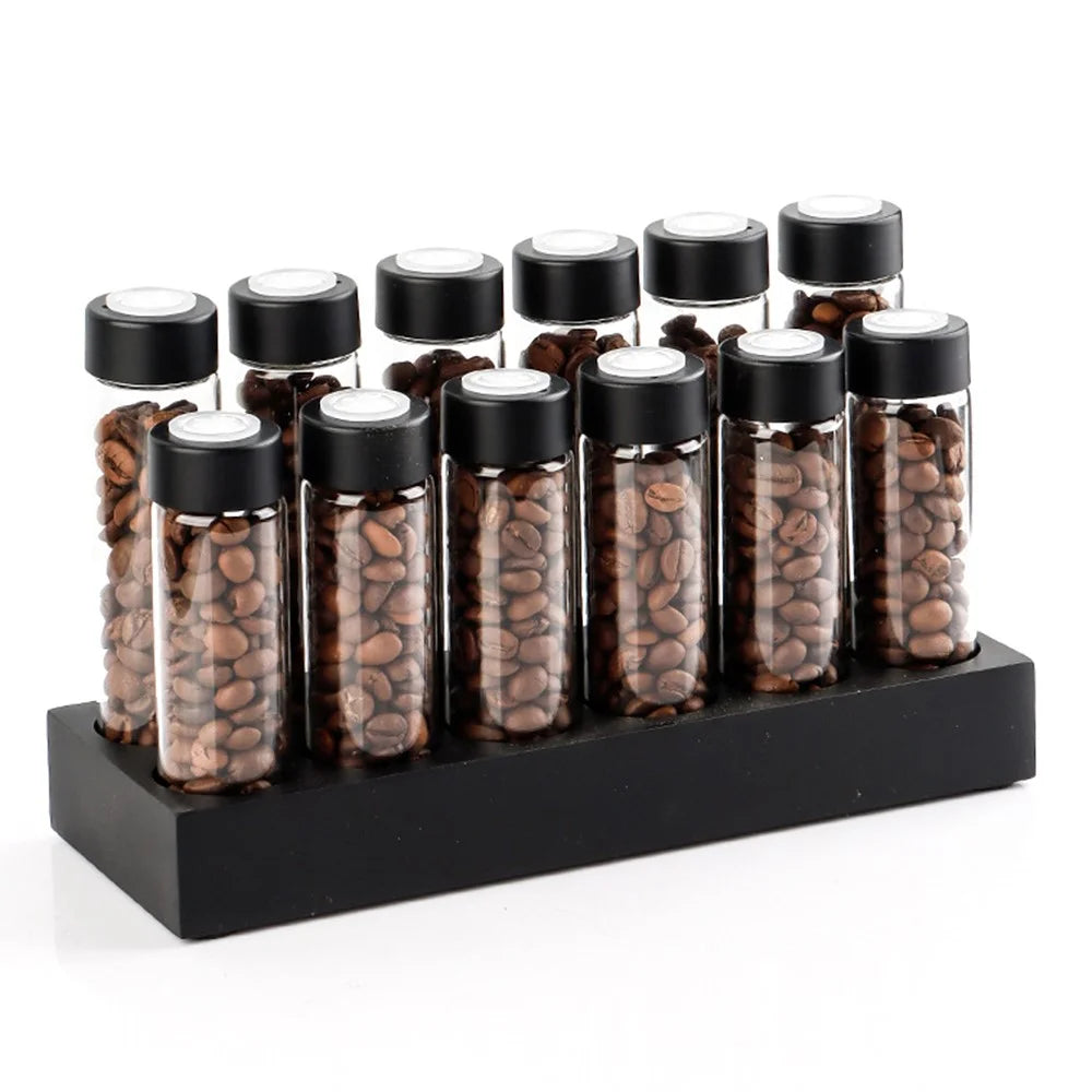 12 Holes Wooden Base Coffee Bean Display Rack with 12 Glass Bottles Storage Containers - Black - 2