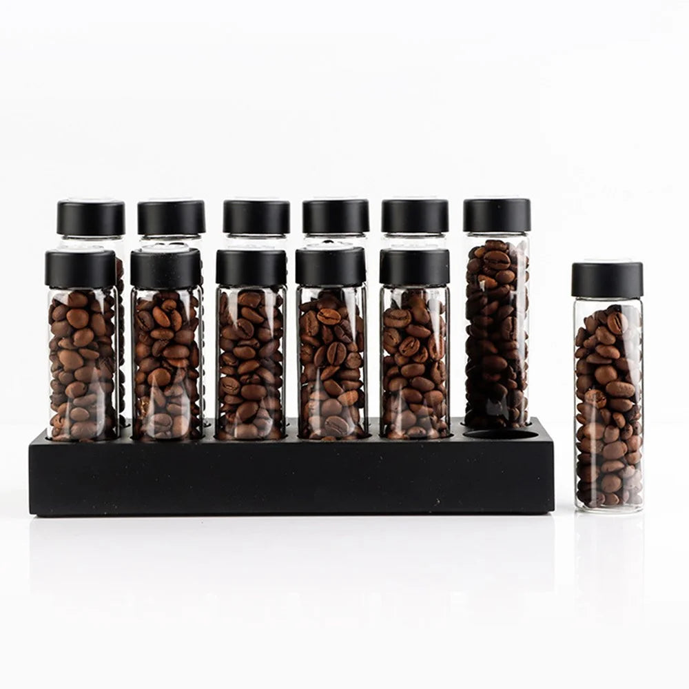 12 Holes Wooden Base Coffee Bean Display Rack with 12 Glass Bottles Storage Containers - Black - 3