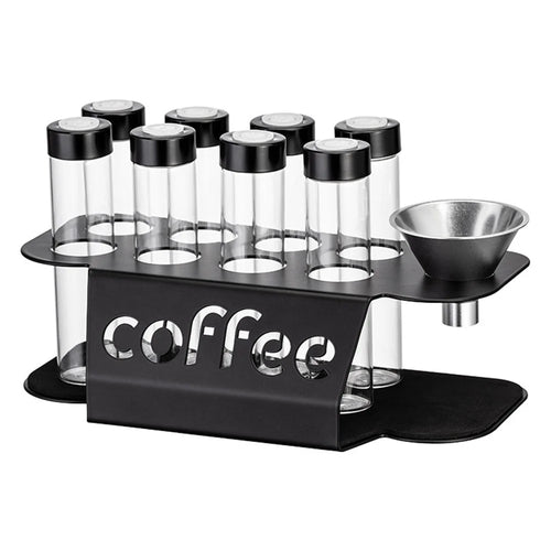 Coffee Bean Storage Jars Display Rack Set with 8 Bottles / Funnel Transparent Airtight Containers - Black - 1