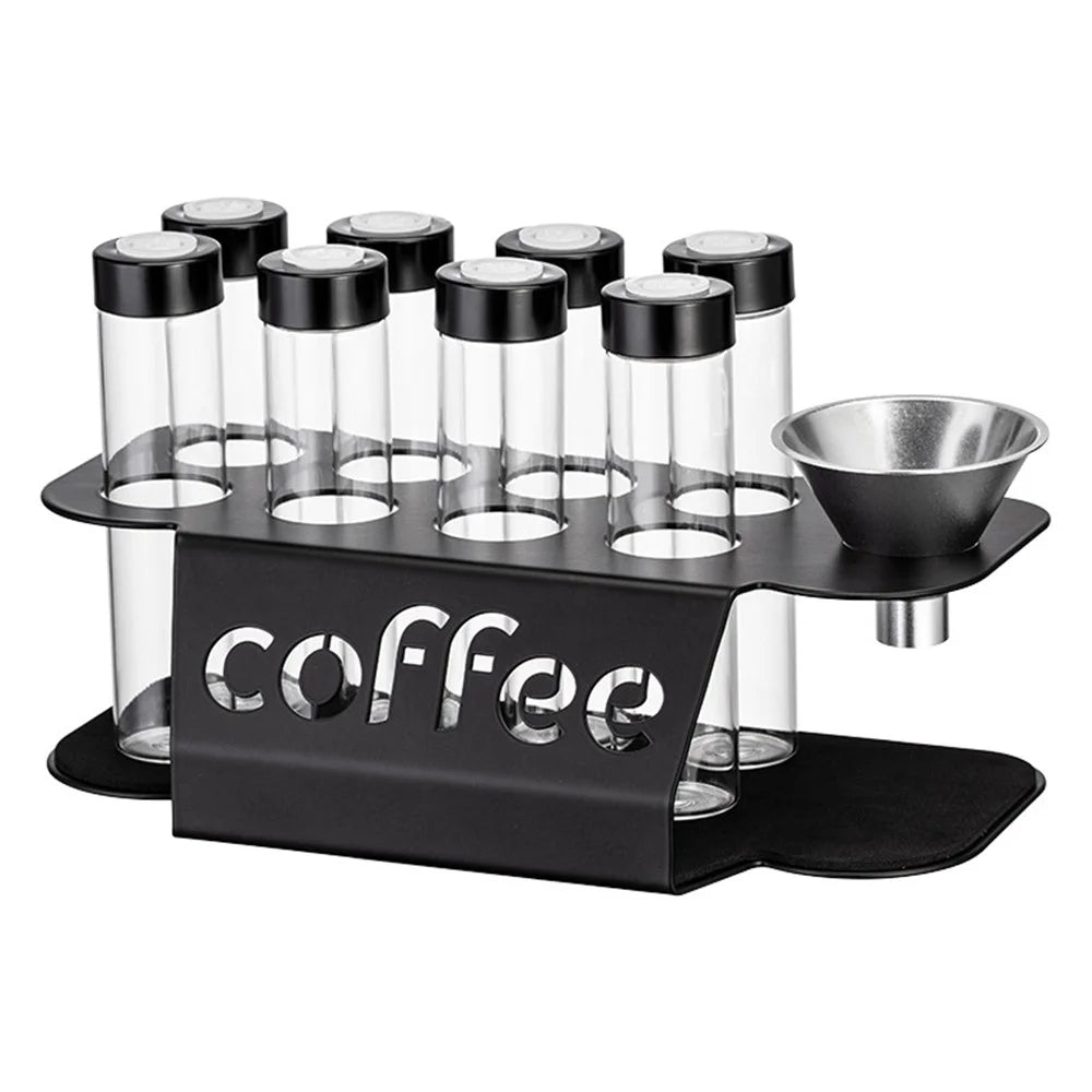 Coffee Bean Storage Jars Display Rack Set with 8 Bottles / Funnel Transparent Airtight Containers - Black - 1