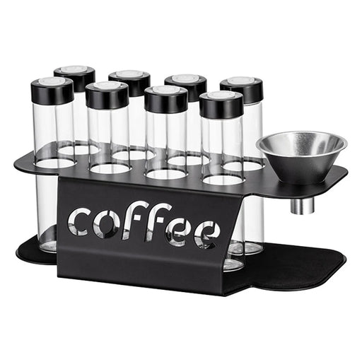 Coffee Bean Storage Jars Display Rack Set with 8 Bottles / Funnel Transparent Airtight Containers - Black - 1