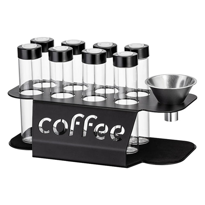 Coffee Bean Storage Jars Display Rack Set with 8 Bottles / Funnel Transparent Airtight Containers - Black - 1