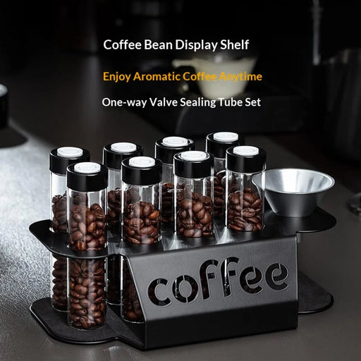 Coffee Bean Storage Jars Display Rack Set with 8 Bottles / Funnel Transparent Airtight Containers - Black - 2