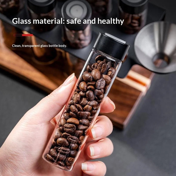 Coffee Bean Storage Jars Display Rack Set with 8 Bottles / Funnel Transparent Airtight Containers - Black - 4