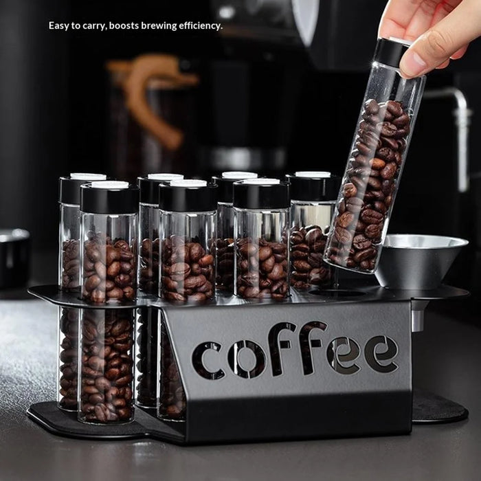 Coffee Bean Storage Jars Display Rack Set with 8 Bottles / Funnel Transparent Airtight Containers - Black - 6