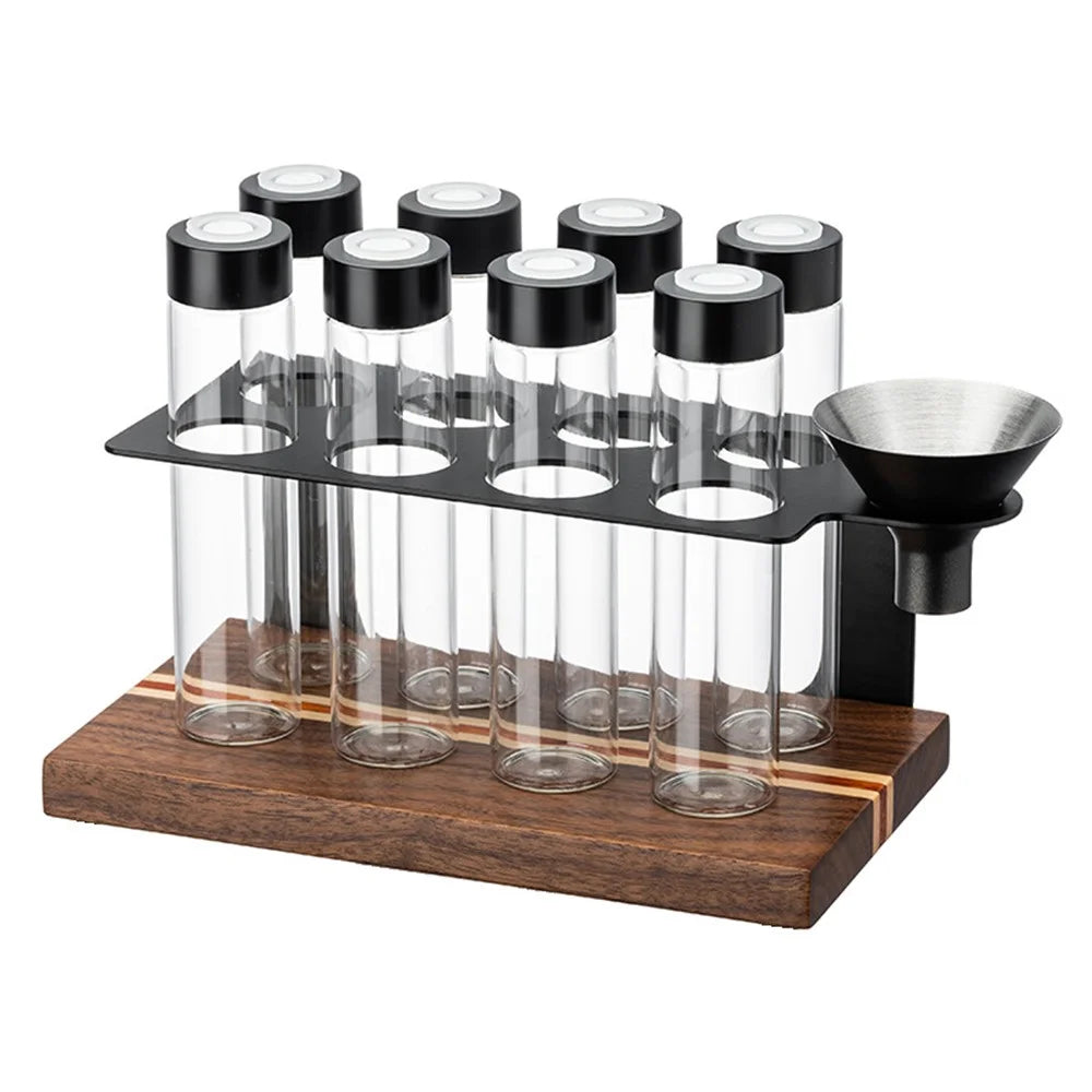 Coffee Bean Storage Canister Set with 8 Glass Jars / Funnel, Wooden Base Display Rack - 1