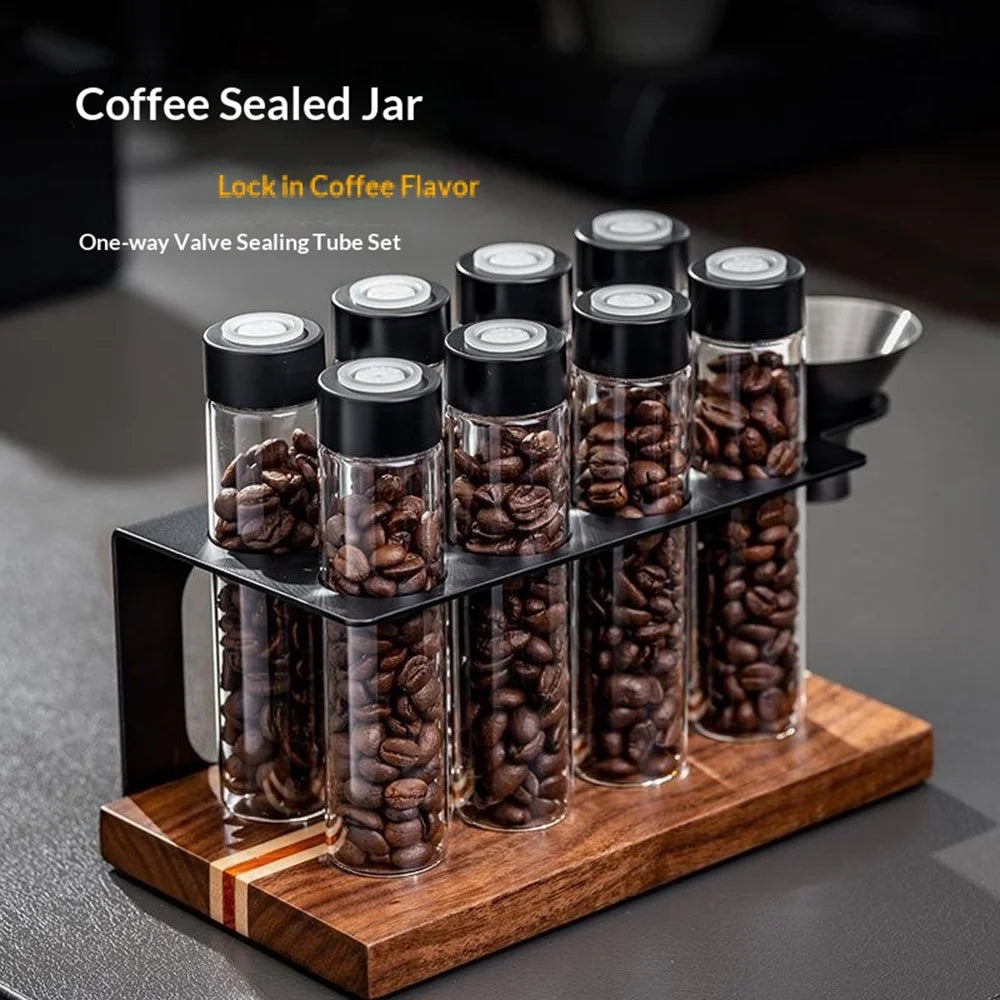 Coffee Bean Storage Canister Set with 8 Glass Jars / Funnel, Wooden Base Display Rack - 2
