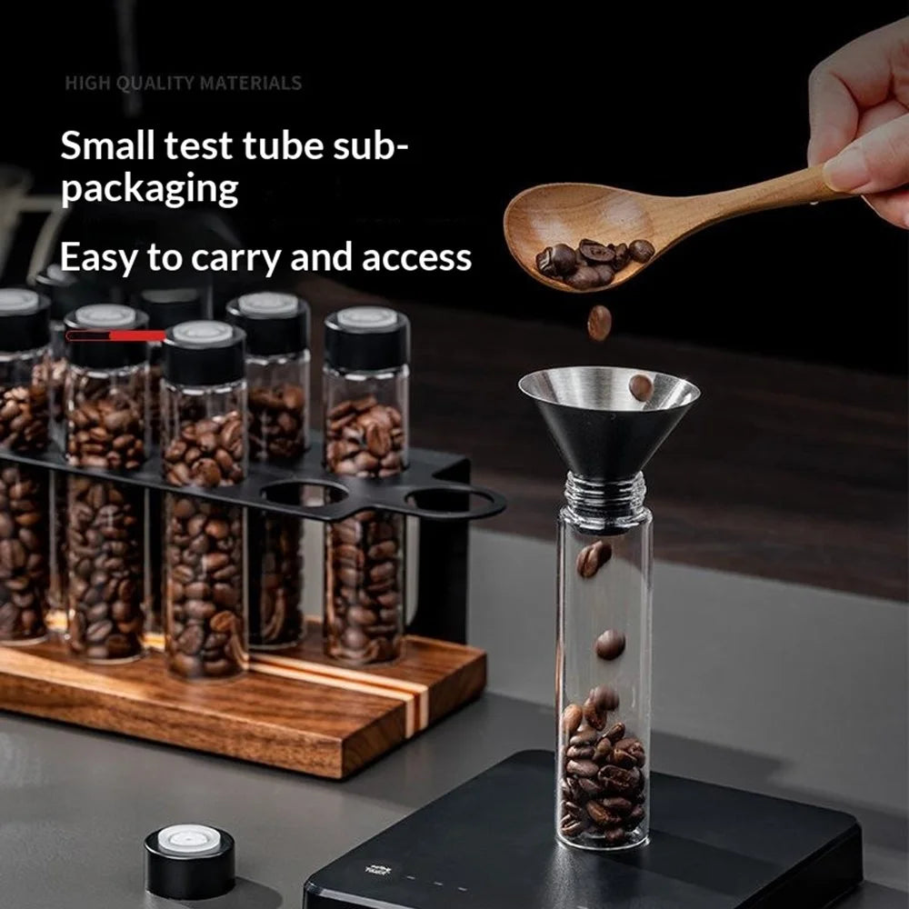Coffee Bean Storage Canister Set with 8 Glass Jars / Funnel, Wooden Base Display Rack - 3
