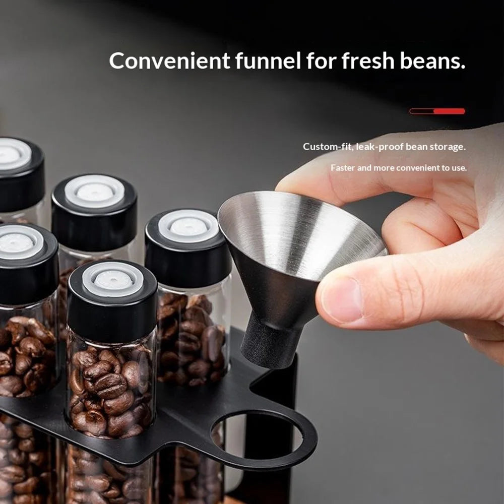 Coffee Bean Storage Canister Set with 8 Glass Jars / Funnel, Wooden Base Display Rack - 4