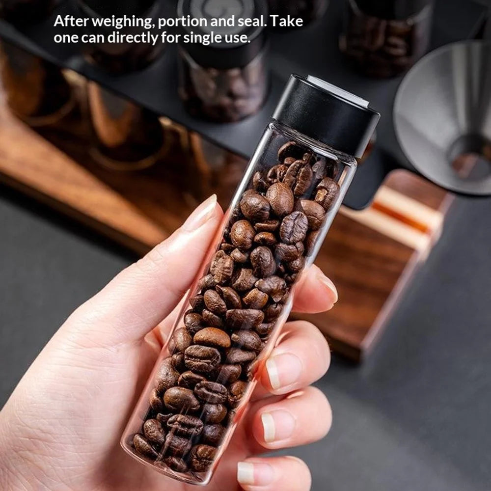 Coffee Bean Storage Canister Set with 8 Glass Jars / Funnel, Wooden Base Display Rack - 5