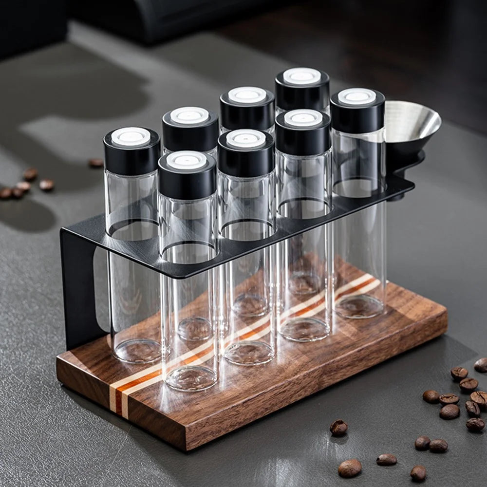 Coffee Bean Storage Canister Set with 8 Glass Jars / Funnel, Wooden Base Display Rack - 7