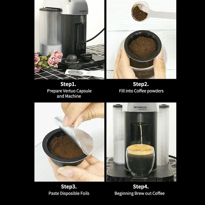 2Pcs 230ML Reusable Coffee Capsule Cup BPA-free No FDA Certified Refillable Vertuo Pods with Beech Base+Spoon+Brush+20Pcs Aluminum Foil for Nespresso Vertuoline - 3
