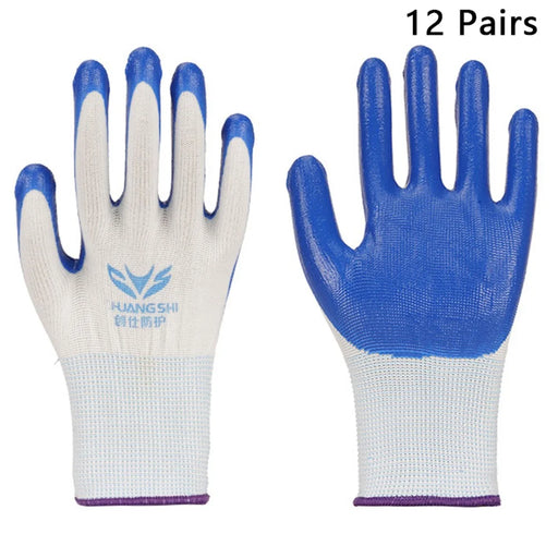 CHUANGSHI 12 Pairs NBR Work Gloves Anti-Slip Grip Builders Gloves - White+Blue - 1