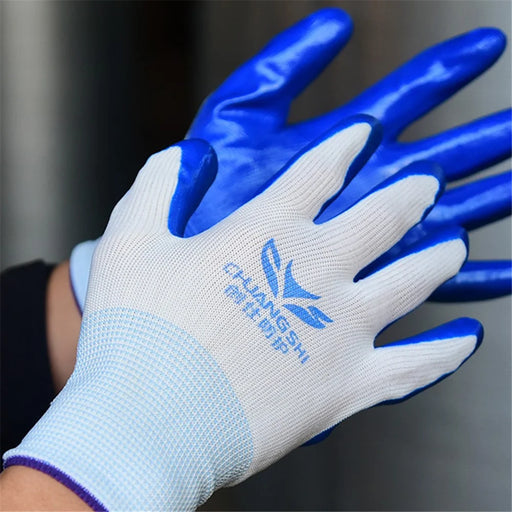 CHUANGSHI 12 Pairs NBR Work Gloves Anti-Slip Grip Builders Gloves - White+Blue - 2