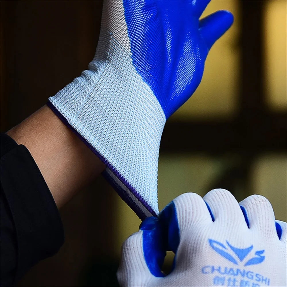 CHUANGSHI 12 Pairs NBR Work Gloves Anti-Slip Grip Builders Gloves - White+Blue - 3