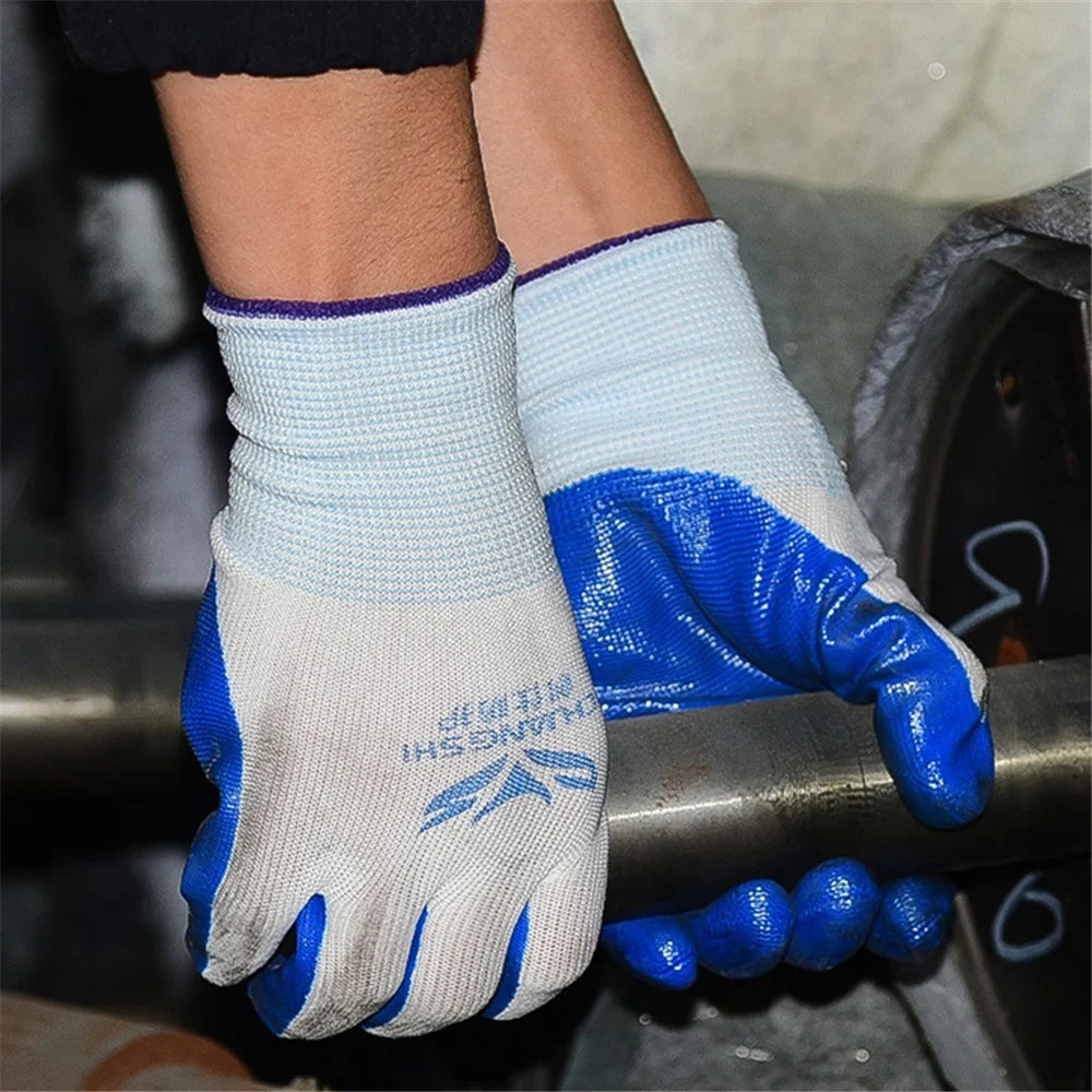 CHUANGSHI 12 Pairs NBR Work Gloves Anti-Slip Grip Builders Gloves - White+Blue - 4