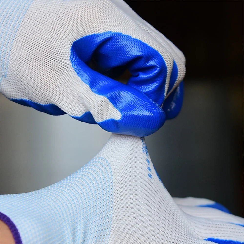 CHUANGSHI 12 Pairs NBR Work Gloves Anti-Slip Grip Builders Gloves - White+Blue - 5