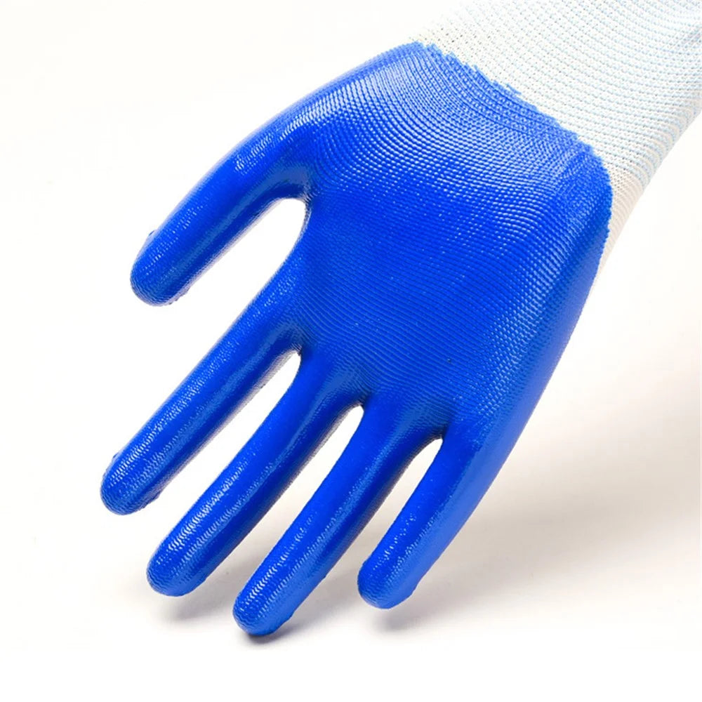 CHUANGSHI 12 Pairs NBR Work Gloves Anti-Slip Grip Builders Gloves - White+Blue - 6