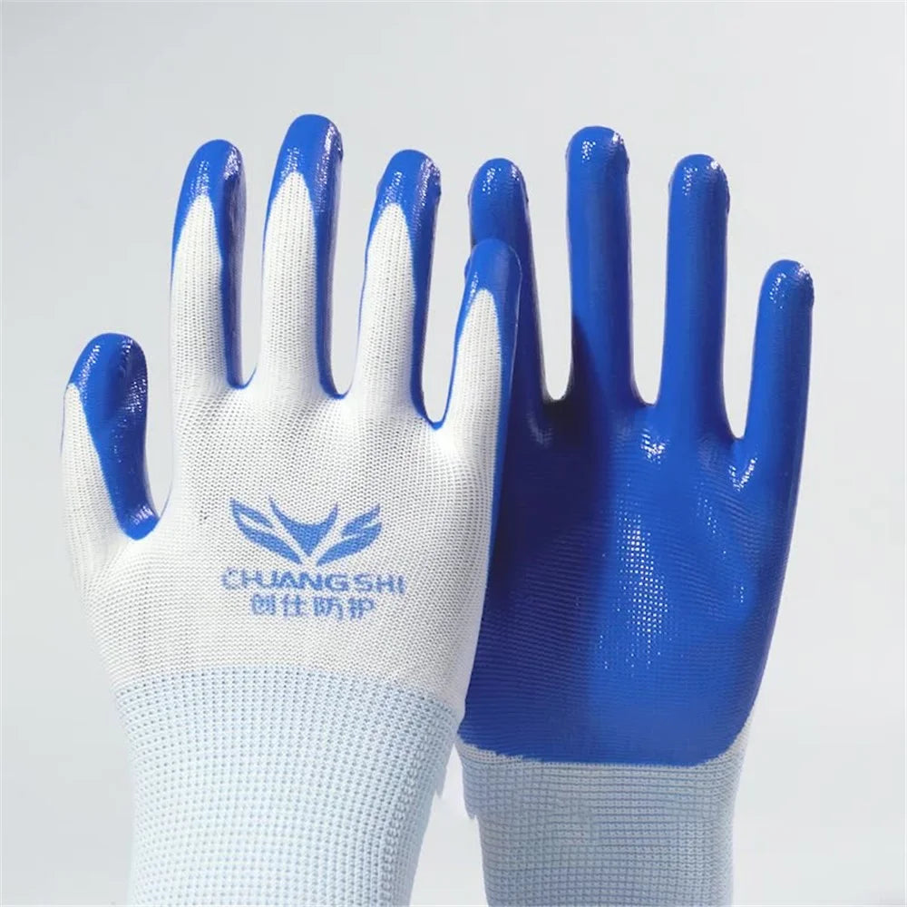 CHUANGSHI 12 Pairs NBR Work Gloves Anti-Slip Grip Builders Gloves - White+Blue - 7