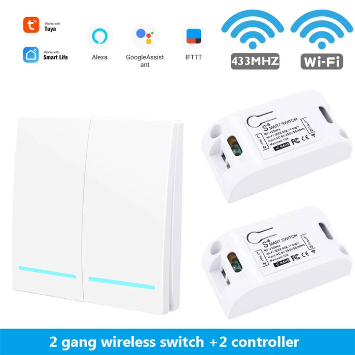 SMATRUL WHK02 WiFi+433MHZ Remote Control Wireless Switch 2 Gang with 2 Controllers - White - 2