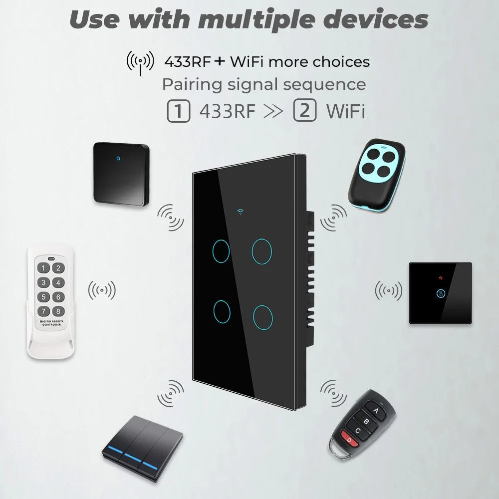 SMATRUL TMW403 US Plug Tuya 433MHZ WiFi Smart Touch Tempered Glass Wall Switch Light Timing Countdown Remote Control for Alexa Google Home, 4 Gang WiFi - Black - 3