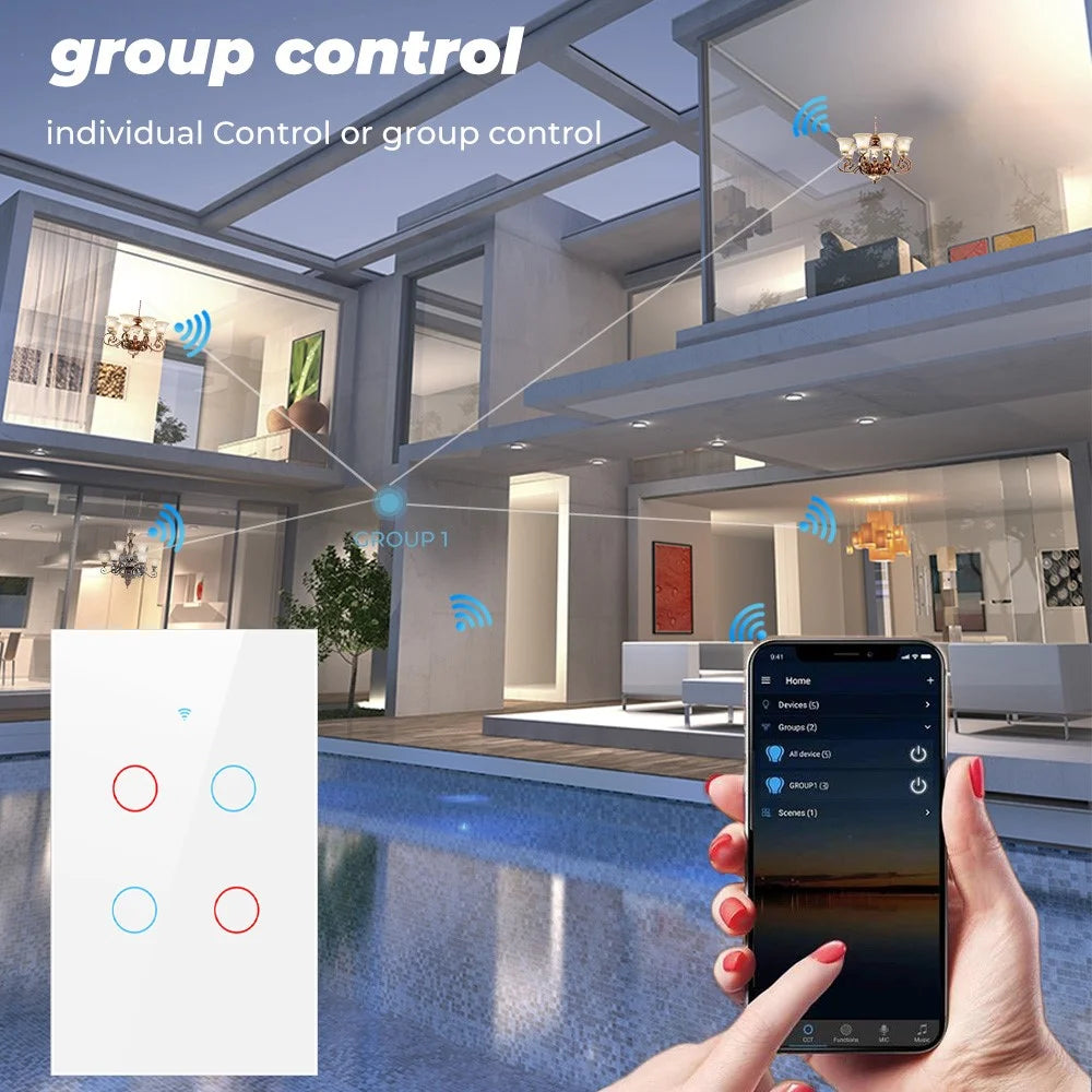 SMATRUL TMW403 US Plug Tuya 433MHZ WiFi Smart Touch Tempered Glass Wall Switch Light Timing Countdown Remote Control for Alexa Google Home, 4 Gang WiFi - Black - 7