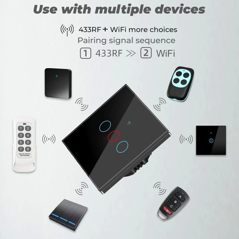 SMATRUL TMW403 Tuya/Smart Life APP Remote Control WiFi+433MHZ Touch Switch EU Plug for Alexa Google Home, 3 Gang WiFi - White - 3