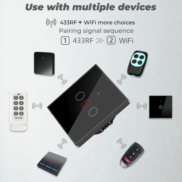 SMATRUL TMW403 Tuya/Smart Life APP Remote Control WiFi+433MHZ Touch Switch EU Plug for Alexa Google Home, 3 Gang WiFi - White - 3