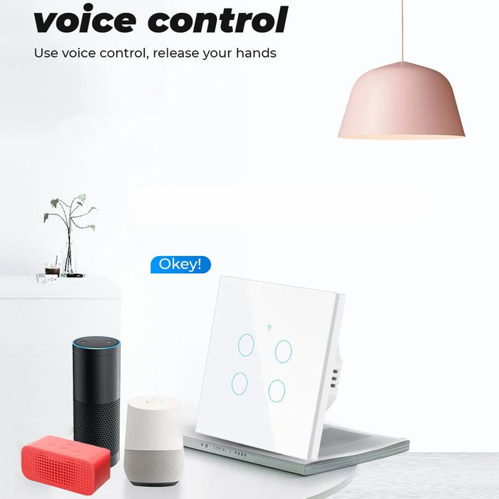 SMATRUL TMW403 EU Plug WiFi+433MHZ Remote Control Smart Touch Timing Countdown Wall Switch for Alexa Google Home, 4 Gang WiFi - Black - 3