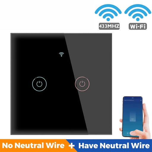 SMATRUL TMW401 Tuya WiFi 433MHZ EU Plug Wireless Touch Wall Switch for Google Home Alexa, 2 Gang WiFi - Black - 2