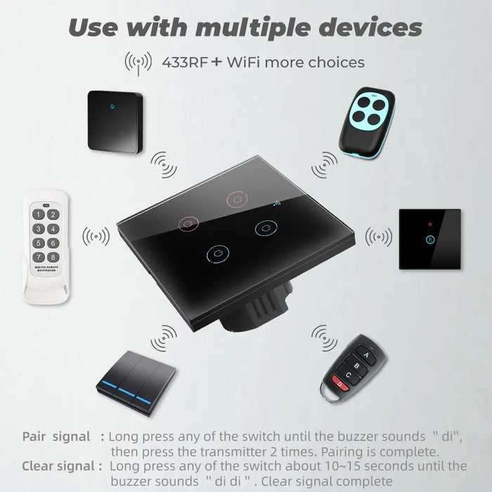 SMATRUL TMW401 EU Plug Tuya WiFi 433MHZ Wireless Touch Wall Switch for Google Home Alexa, 4 Gang WiFi - White - 3