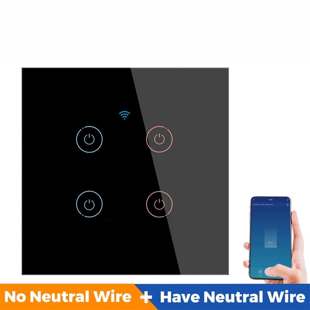 SMATRUL TMW-01 Tuya WiFi Smart Touch Light Switch Wall Remote Control for Alexa Google Home EU Plug, 4 Gang WiFi - Black - 2