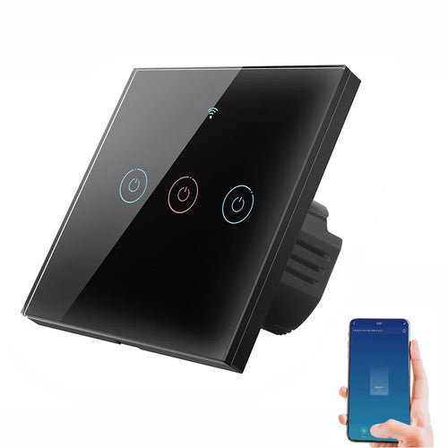 SMATRUL TMW-01 EU Plug Tuya WiFi Smart Touch Light Switch Wall Remote Control for Alexa Google Home, 3 Gang WiFi - Black - 1