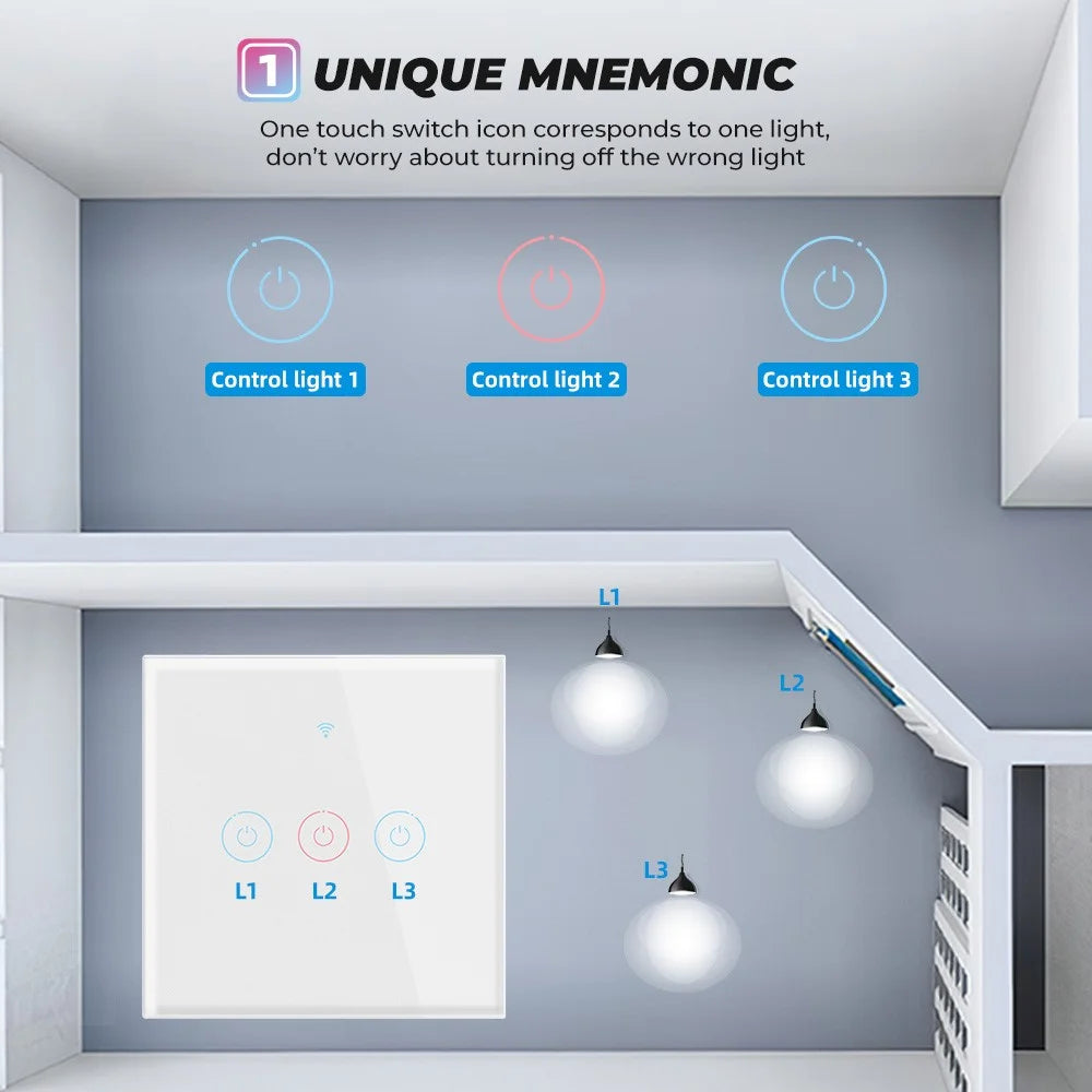 SMATRUL TMW-01 EU Plug Tuya WiFi Smart Touch Light Switch Wall Remote Control for Alexa Google Home, 3 Gang WiFi - Black - 3