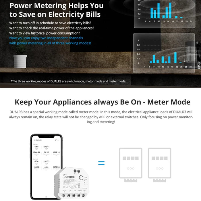 SONOFF DUALR3 2 Gang WiFi Smart Light Switch 2 Way DIY Breaker Module Remote Control with Power Meter - 3