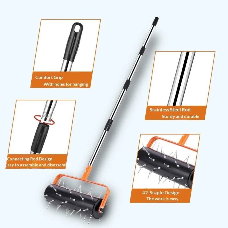 4-Section 1.6m Rod Rolling Lawn Aerator Soil Penetrator Garden Tool 42 Steel Spikes for Grass Care - 2