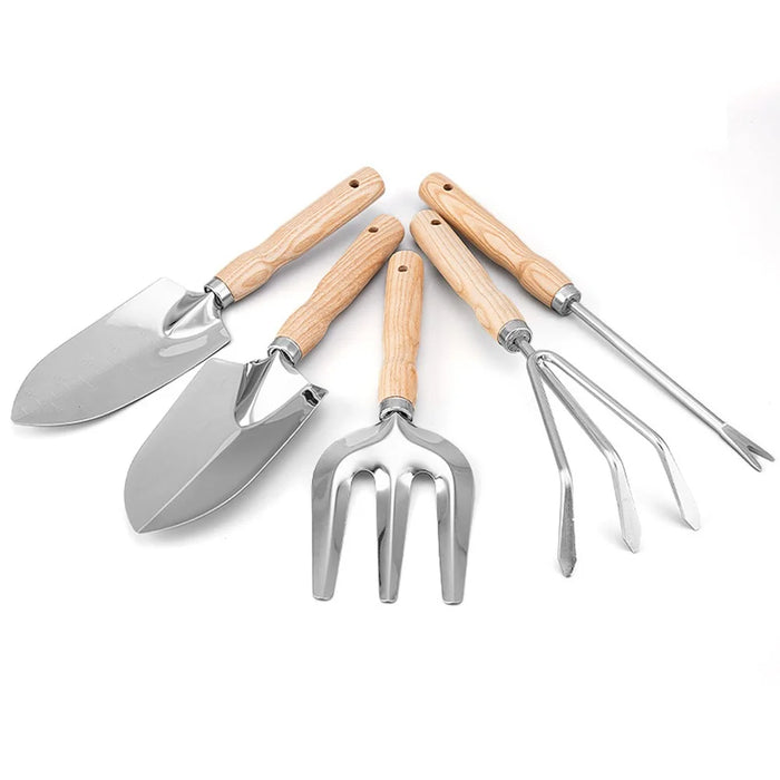 5Pcs Stainless Steel Gardening Tool Wooden Handle Fork Shovel Rake Set - 1