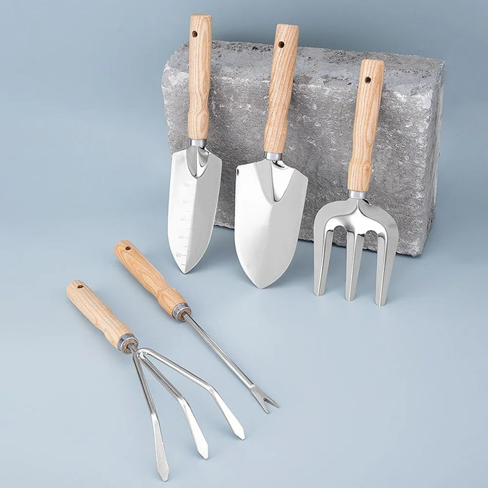 5Pcs Stainless Steel Gardening Tool Wooden Handle Fork Shovel Rake Set - 2