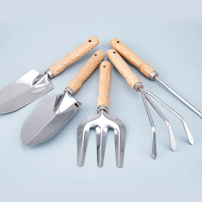 5Pcs Stainless Steel Gardening Tool Wooden Handle Fork Shovel Rake Set - 3