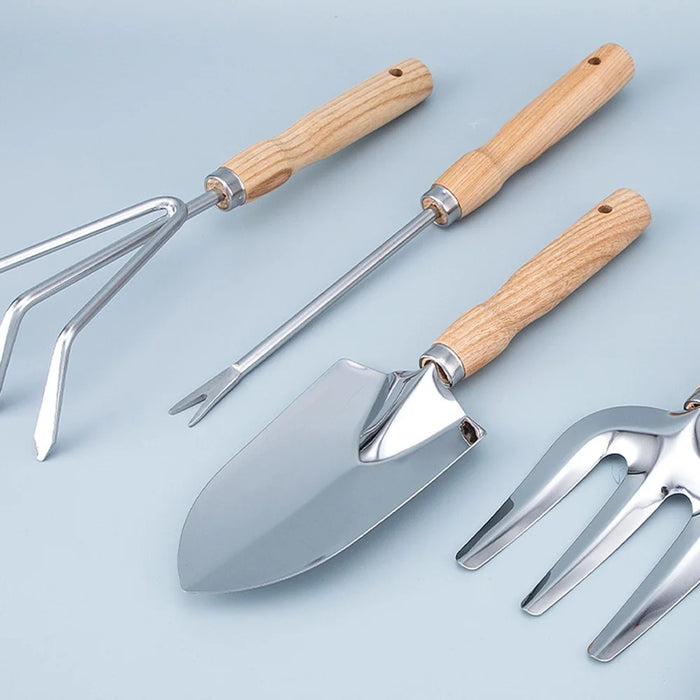 5Pcs Stainless Steel Gardening Tool Wooden Handle Fork Shovel Rake Set - 4