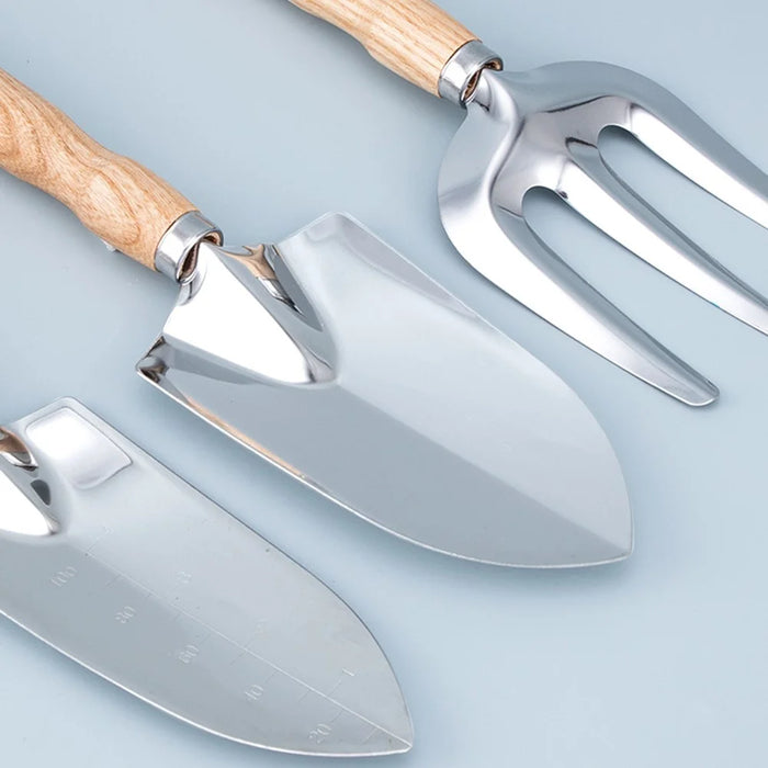 5Pcs Stainless Steel Gardening Tool Wooden Handle Fork Shovel Rake Set - 5