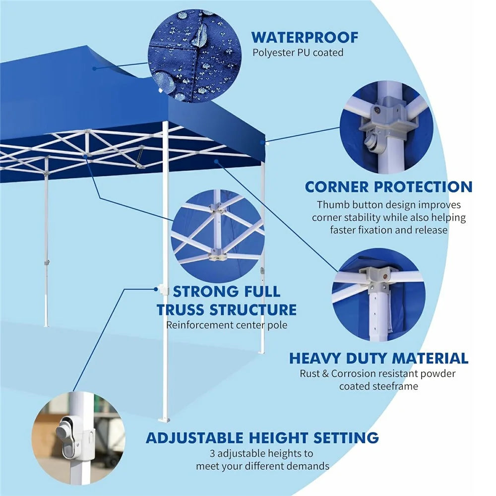 6x3m Pop Up Canopy Tent Without Sidewalls 3-Height Adjustable Waterproof UV Protection Gazebo Canopy for Outdoor Party Beach - Blue - 3